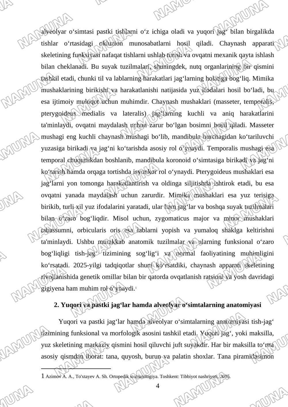 Tish-jag‘ tizimining anatomik-fiziologik xususiyatlari. Chaynash apparati skeleti. Yuqori va pastki jag‘lar, alveolyar o‘simtalar. Chaynash va mimika mushaklari. — referat, 4-varaq