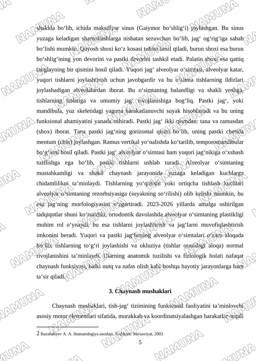Tish-jag‘ tizimining anatomik-fiziologik xususiyatlari. Chaynash apparati skeleti. Yuqori va pastki jag‘lar, alveolyar o‘simtalar. Chaynash va mimika mushaklari. — referat, 5-varaq