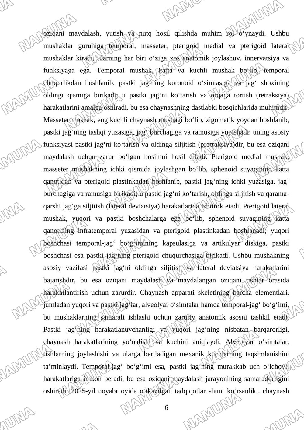 Tish-jag‘ tizimining anatomik-fiziologik xususiyatlari. Chaynash apparati skeleti. Yuqori va pastki jag‘lar, alveolyar o‘simtalar. Chaynash va mimika mushaklari. — referat, 6-varaq