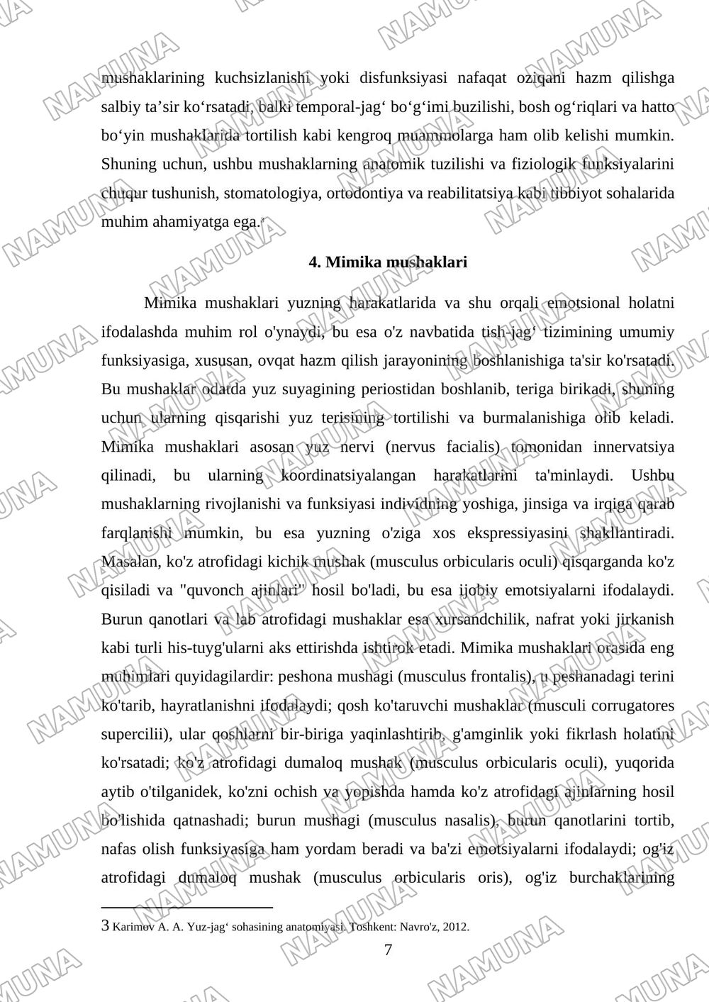Tish-jag‘ tizimining anatomik-fiziologik xususiyatlari. Chaynash apparati skeleti. Yuqori va pastki jag‘lar, alveolyar o‘simtalar. Chaynash va mimika mushaklari. — referat, 7-varaq