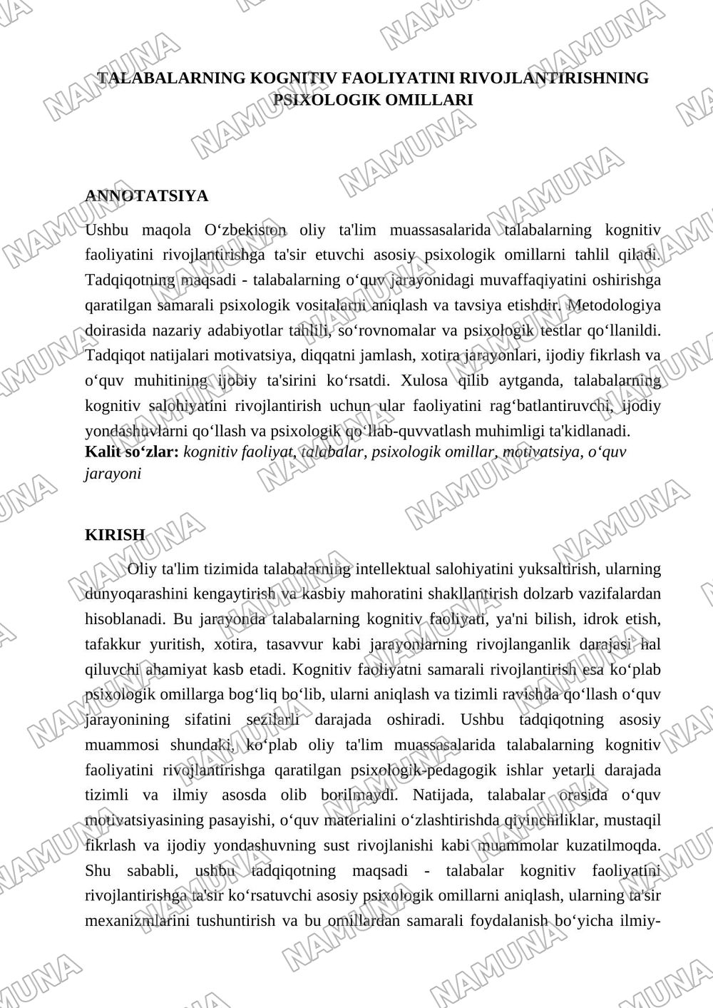 Talabalarning kognitiv faoliyatini rivojlantirishning psixologik omillari — maqola, 1-varaq