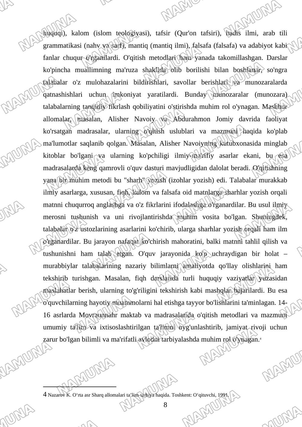 14-16 asrlarda Movraunnahrda ta'lim-tarbiya va pedogogik fikrlar — mustaqil ish, 8-varaq