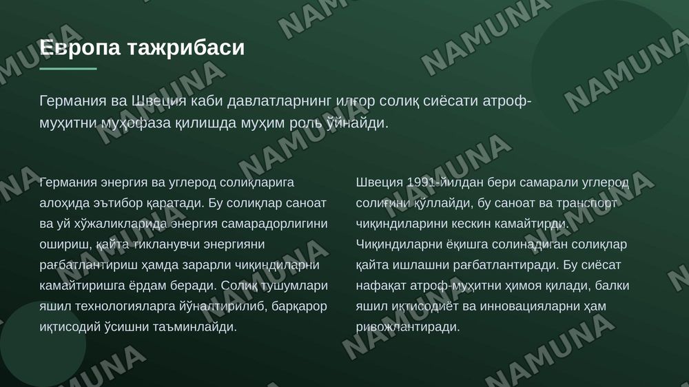 Tabiatni muxofaza qilish soxasida soliq siyosatining halqaro tajribasi — zamonaviy taqdimot, 7-slayd