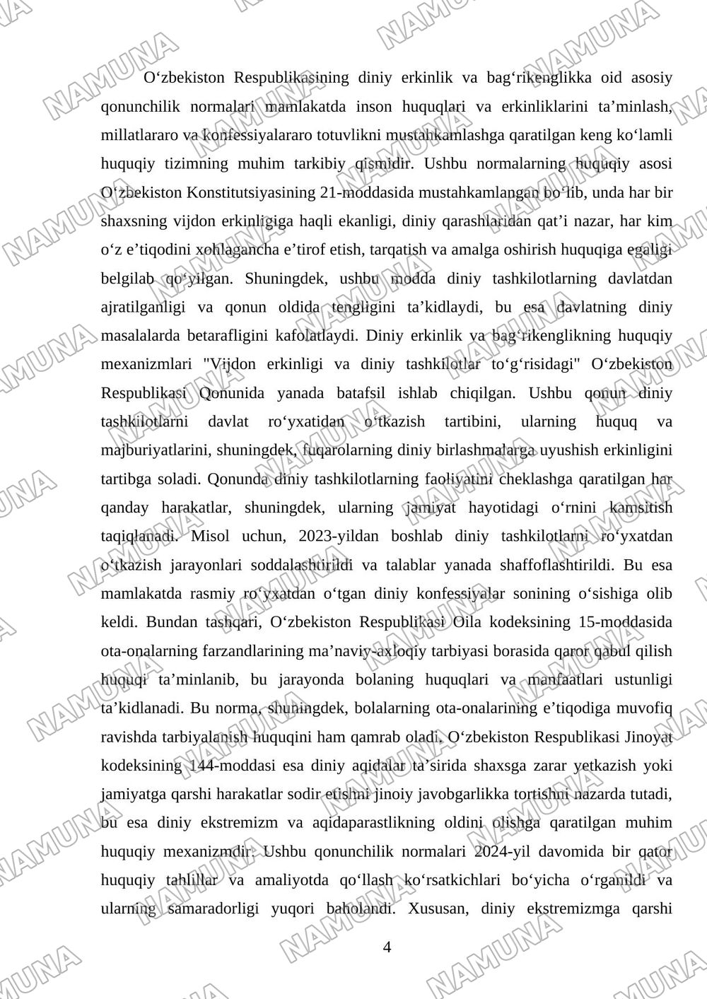 Oʻzbekistonda diniy bagʻrikenglik bilan bogʻliq qonun hujjatlari tahlili — mustaqil ish, 4-varaq