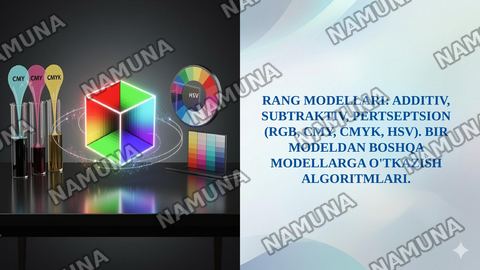 RANG MODELLARI: ADDITIV, SUBTRAKTIV, PERTSEPTSION (RGB, CMY, CMYK, HSV). BIR MODELDAN BOSHQA MODELLARGA O'TKAZISH ALGORITMLARI. — taqdimot