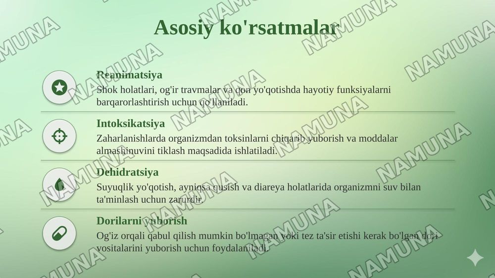 Infuzion terapiya. Koʻrsatma va qarshi koʻrsatmalar — taqdimot, 5-slayd