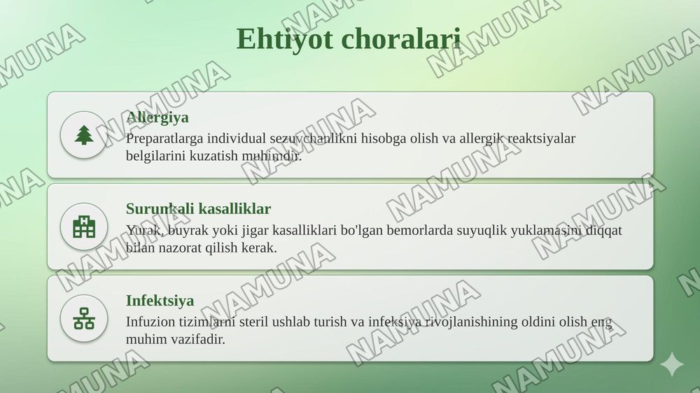 Infuzion terapiya. Koʻrsatma va qarshi koʻrsatmalar — taqdimot, 8-slayd
