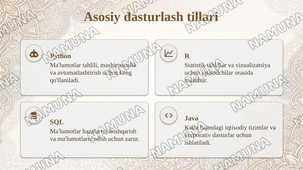 Iqtisodiy muammolarni hal qilish uchun zamonaviy dasturlash tillaridan foydalanish — taqdimot, 4-slayd