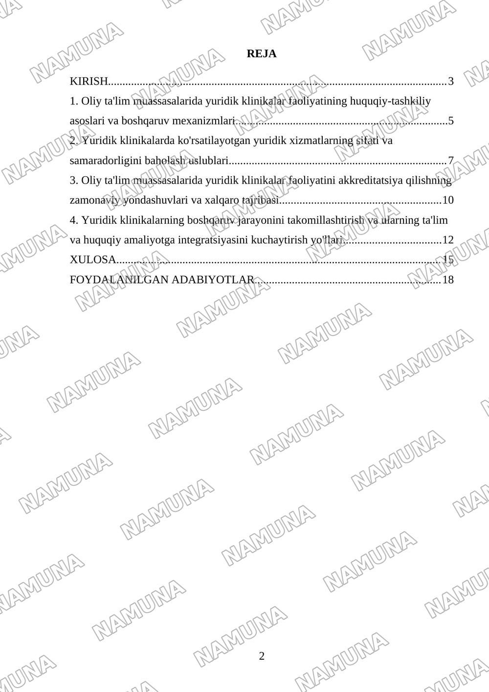 Oliy ta’lim muassasalarida yuridik klinikalarniboshqarish: faoliyat samaradorligini baholash vaakkreditatsiya qilish masalalari. — kurs ishi, 2-varaq