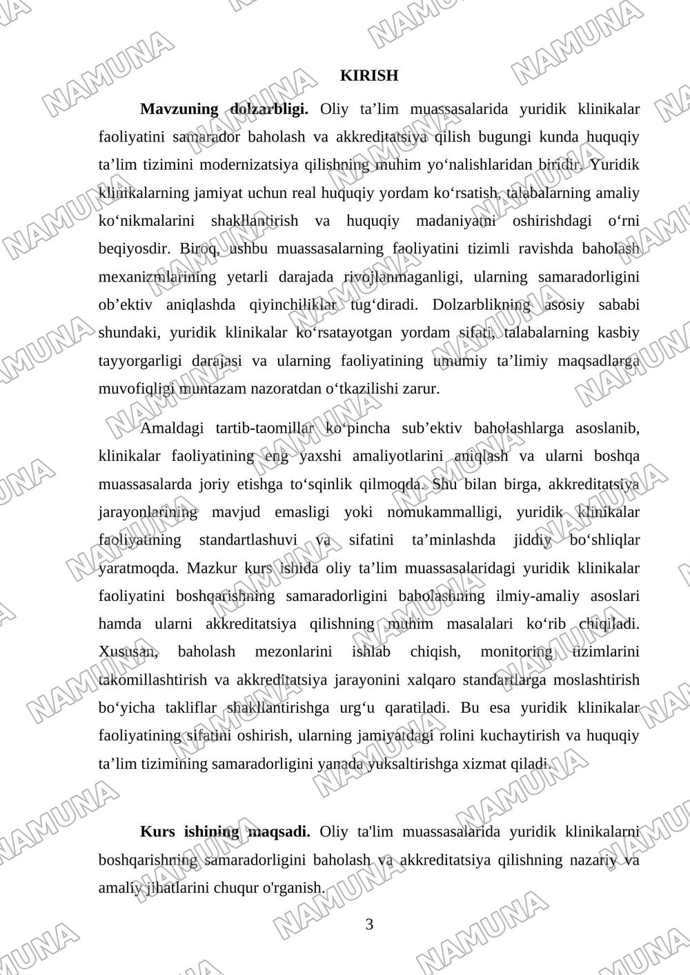 Oliy ta’lim muassasalarida yuridik klinikalarniboshqarish: faoliyat samaradorligini baholash vaakkreditatsiya qilish masalalari. — kurs ishi, 3-varaq