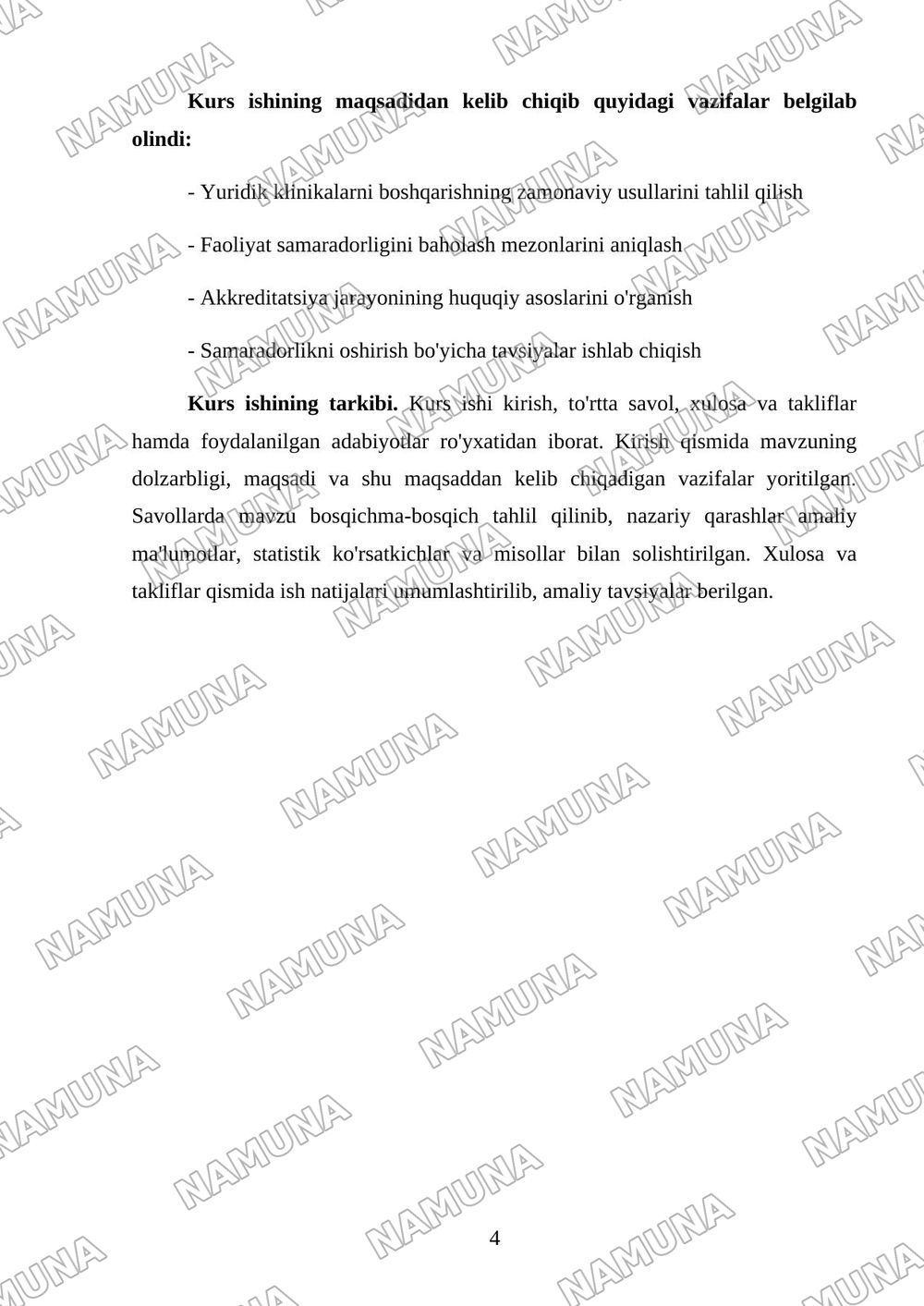Oliy ta’lim muassasalarida yuridik klinikalarniboshqarish: faoliyat samaradorligini baholash vaakkreditatsiya qilish masalalari. — kurs ishi, 4-varaq