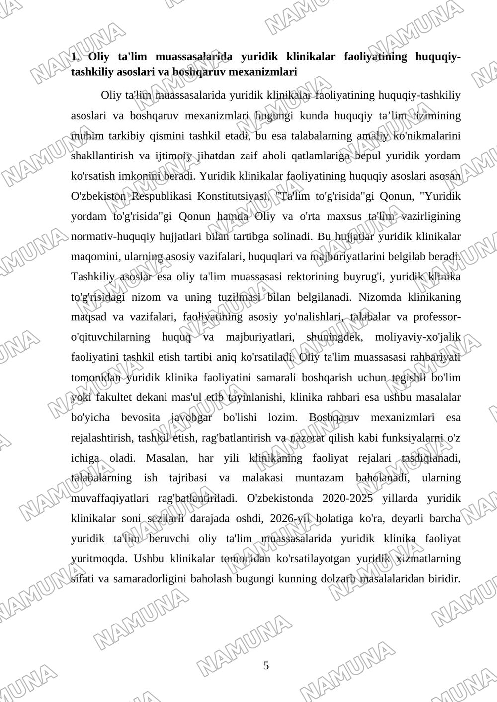Oliy ta’lim muassasalarida yuridik klinikalarniboshqarish: faoliyat samaradorligini baholash vaakkreditatsiya qilish masalalari. — kurs ishi, 5-varaq
