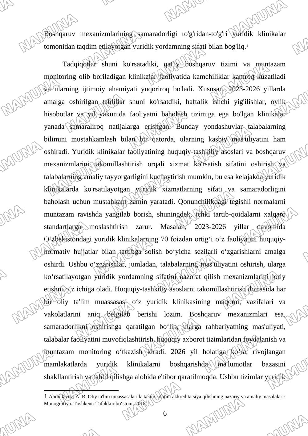 Oliy ta’lim muassasalarida yuridik klinikalarniboshqarish: faoliyat samaradorligini baholash vaakkreditatsiya qilish masalalari. — kurs ishi, 6-varaq