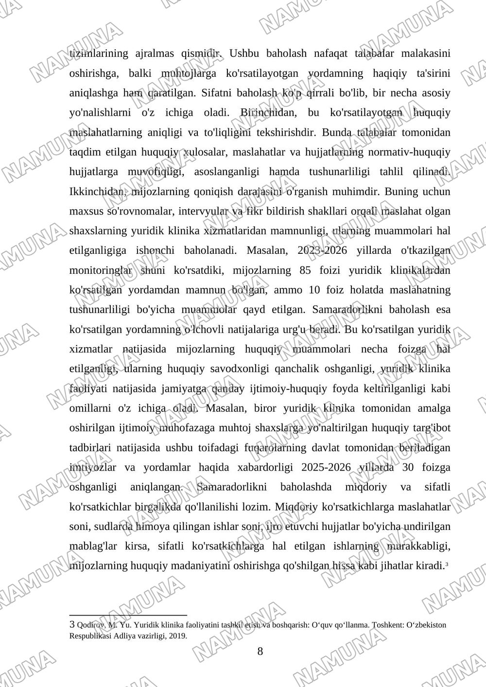 Oliy ta’lim muassasalarida yuridik klinikalarniboshqarish: faoliyat samaradorligini baholash vaakkreditatsiya qilish masalalari. — kurs ishi, 8-varaq