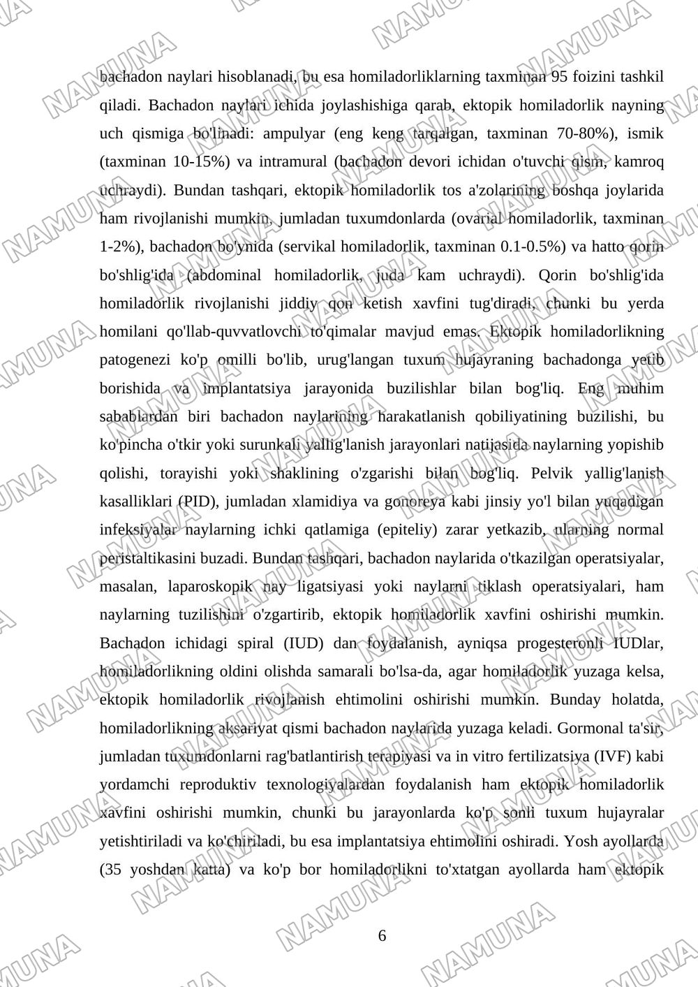 Bachadondan tashqari homiladorlik. Sabablari. Bachadondan tashqari homiladorlik turlari. Tashxislash va tekshirish usullari. — mustaqil ish, 6-varaq