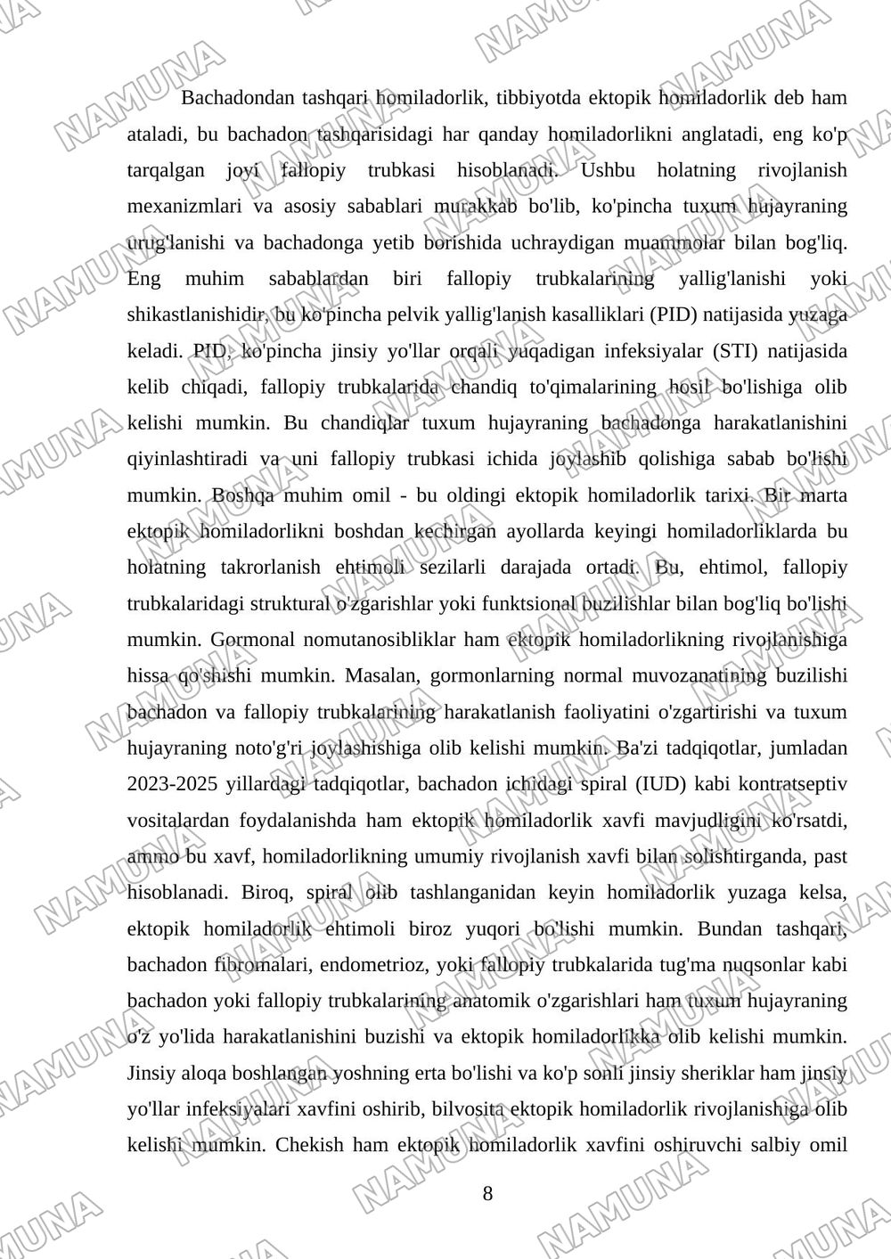 Bachadondan tashqari homiladorlik. Sabablari. Bachadondan tashqari homiladorlik turlari. Tashxislash va tekshirish usullari. — mustaqil ish, 8-varaq