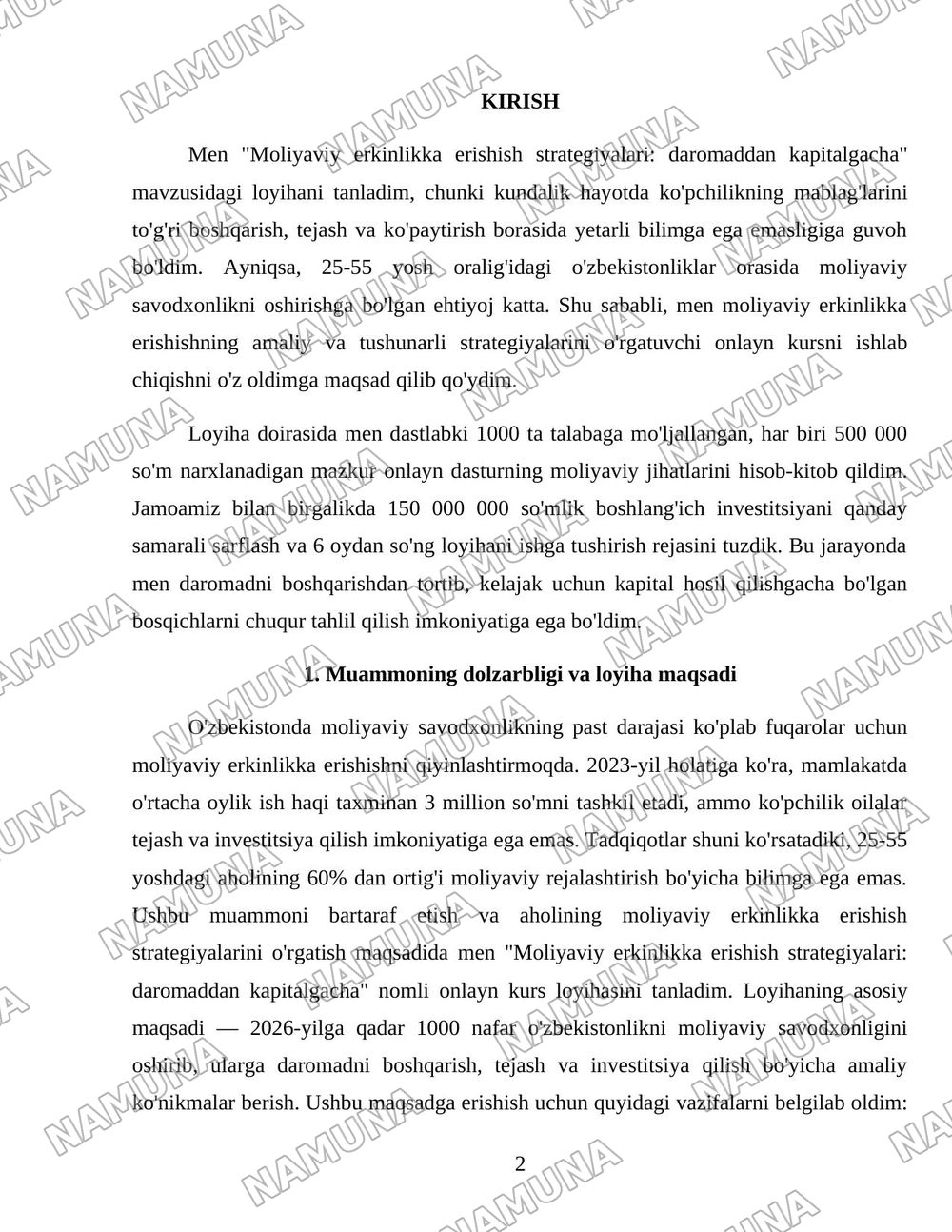 Moliyaviy erkinlikka erishish strategiyalari: daromaddan kapitalgacha — loyiha ishi, 2-varaq