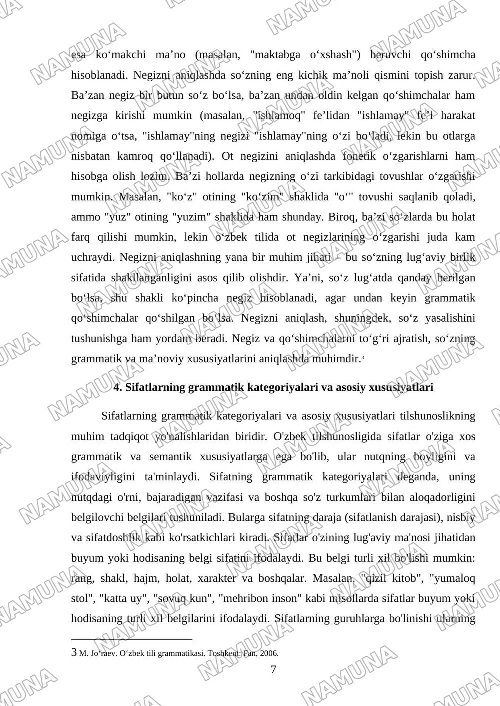 1. Otning grammatik kategoriyalari,lugʻat shakli haqida tushuncha,otlarning turlanishi,negizini aniqlash. 2. Sifatlarning grammatik kategoriyalari,guruhlarga boʻlinishi,rod qoʻshimchalari, negizini an — mustaqil ish, 7-varaq