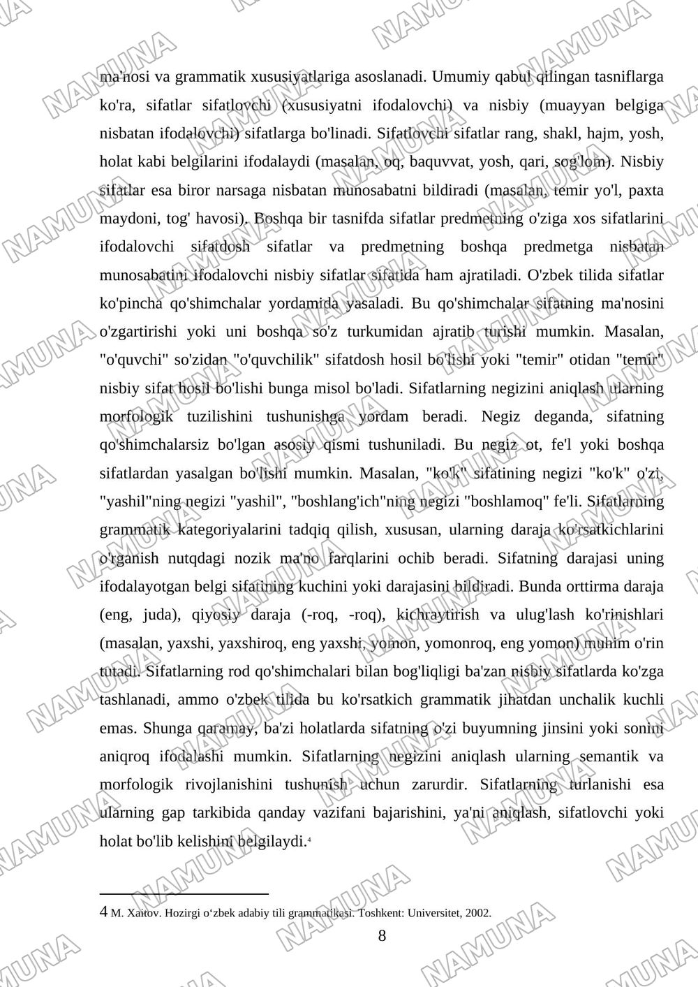 1. Otning grammatik kategoriyalari,lugʻat shakli haqida tushuncha,otlarning turlanishi,negizini aniqlash. 2. Sifatlarning grammatik kategoriyalari,guruhlarga boʻlinishi,rod qoʻshimchalari, negizini an — mustaqil ish, 8-varaq