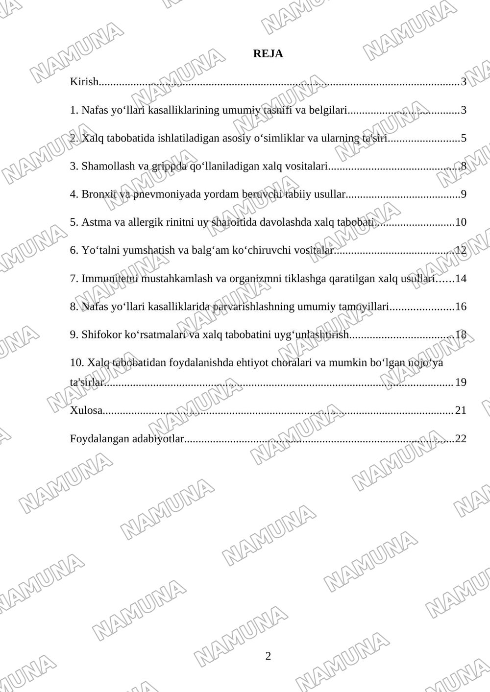 Nafas yo‘llari kasalliklarida bemorlarni xalq tabobati vositalari yordamida uy sharoitida parvarishlash (shifokor ko‘rsatmalari asosida)”. — mustaqil ish, 2-varaq