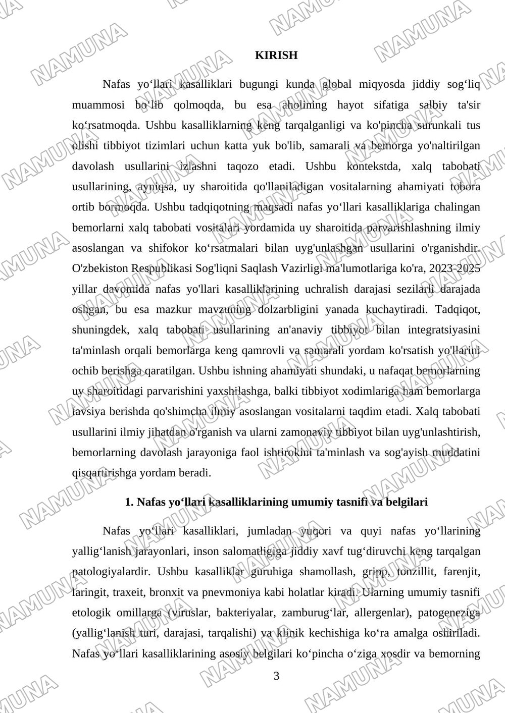Nafas yo‘llari kasalliklarida bemorlarni xalq tabobati vositalari yordamida uy sharoitida parvarishlash (shifokor ko‘rsatmalari asosida)”. — mustaqil ish, 3-varaq