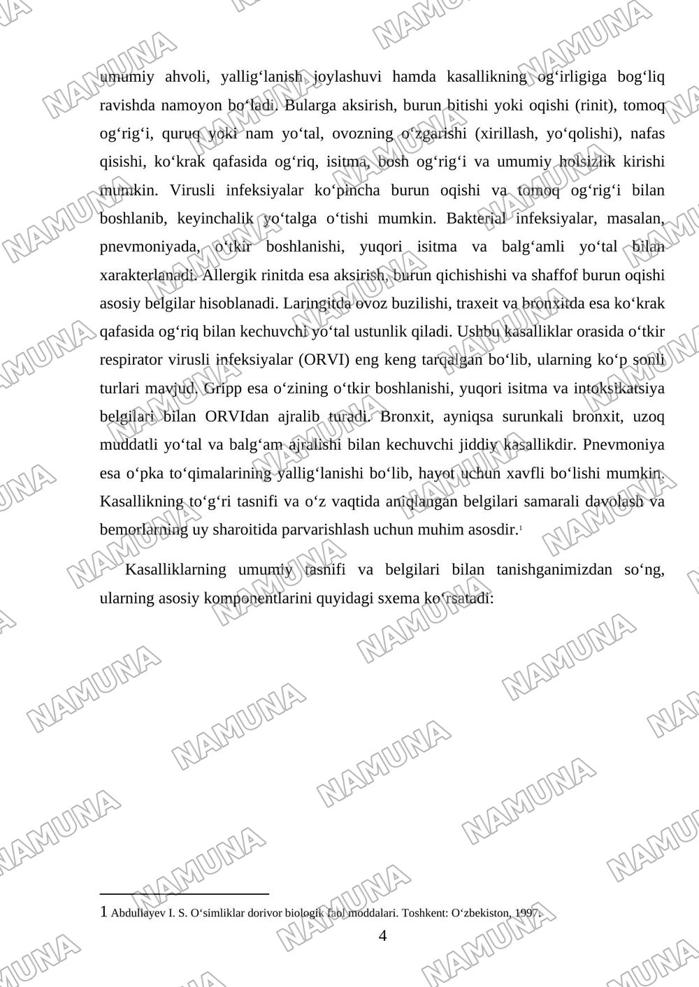 Nafas yo‘llari kasalliklarida bemorlarni xalq tabobati vositalari yordamida uy sharoitida parvarishlash (shifokor ko‘rsatmalari asosida)”. — mustaqil ish, 4-varaq