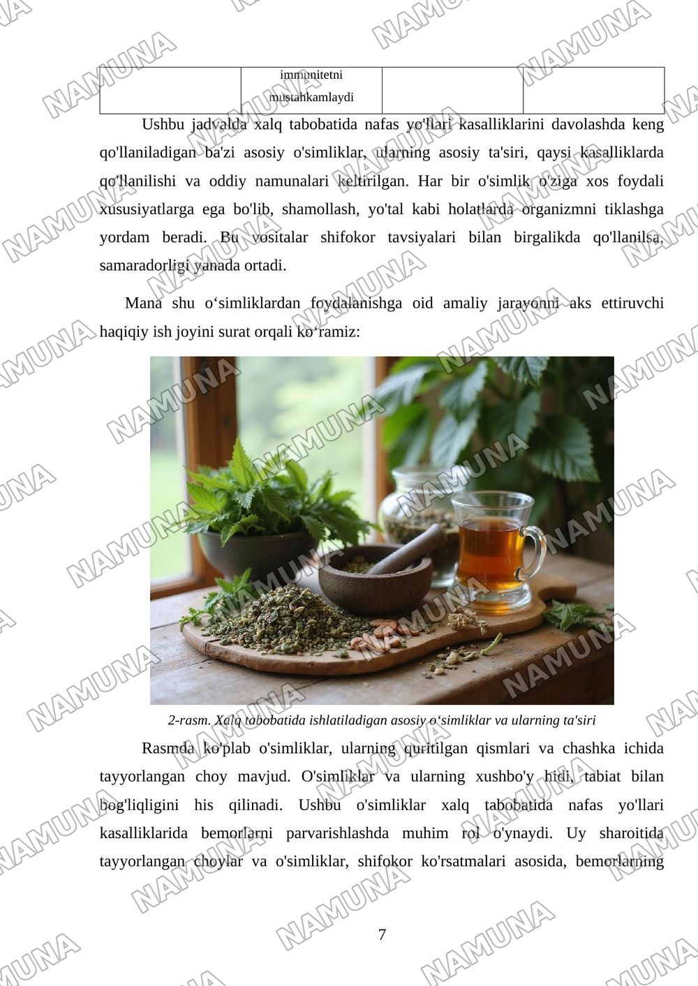 Nafas yo‘llari kasalliklarida bemorlarni xalq tabobati vositalari yordamida uy sharoitida parvarishlash (shifokor ko‘rsatmalari asosida)”. — mustaqil ish, 7-varaq