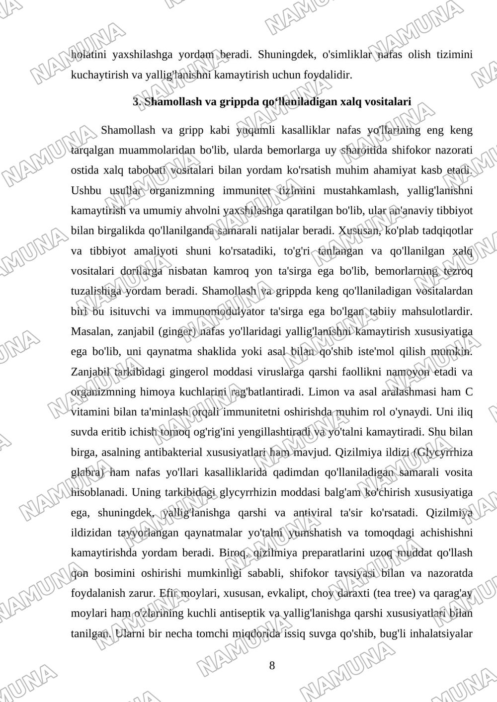 Nafas yo‘llari kasalliklarida bemorlarni xalq tabobati vositalari yordamida uy sharoitida parvarishlash (shifokor ko‘rsatmalari asosida)”. — mustaqil ish, 8-varaq