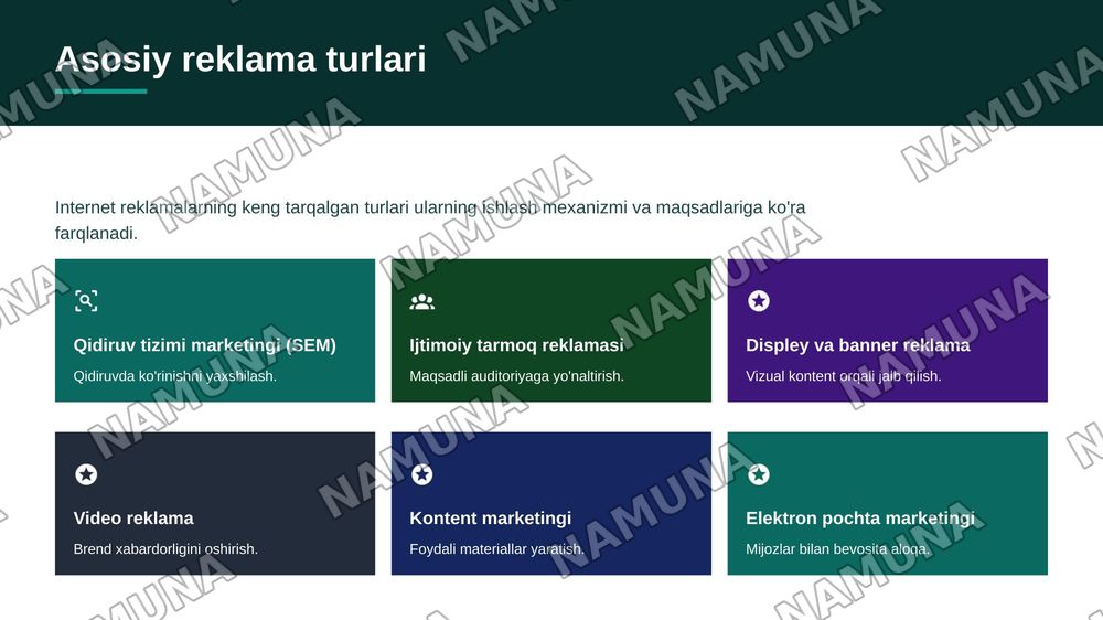 Internet reklamalarning biznes sohasida qoʻllaniladigan asosiy turlari — zamonaviy taqdimot, 6-slayd