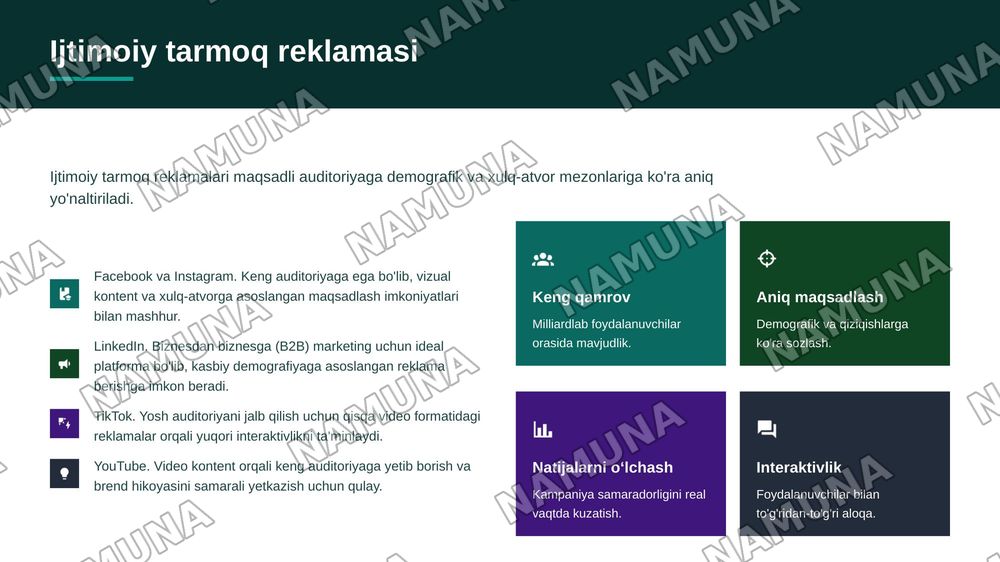 Internet reklamalarning biznes sohasida qoʻllaniladigan asosiy turlari — zamonaviy taqdimot, 8-slayd