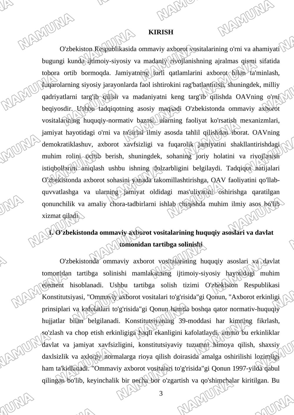 O'zbekiston Respublikasida ommaviy axborot vositalarining faoliyati — referat, 3-varaq