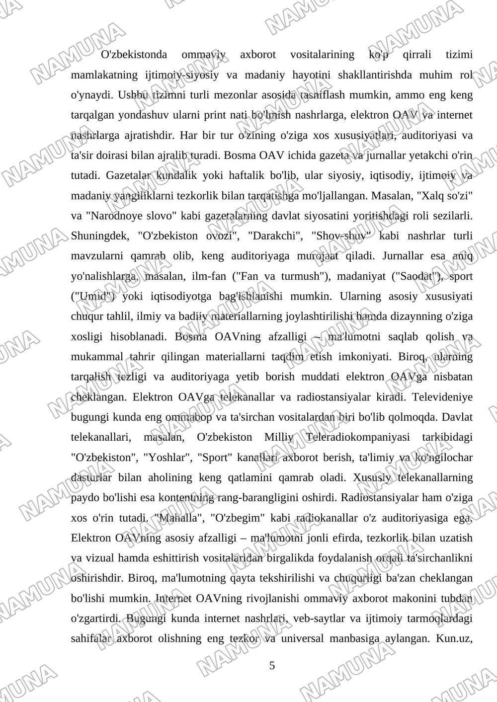 O'zbekiston Respublikasida ommaviy axborot vositalarining faoliyati — referat, 5-varaq