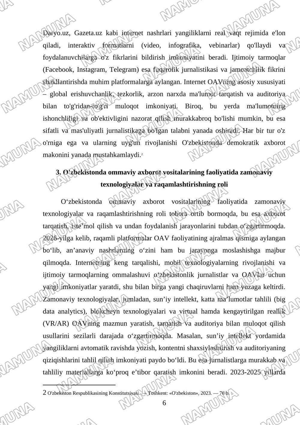 O'zbekiston Respublikasida ommaviy axborot vositalarining faoliyati — referat, 6-varaq