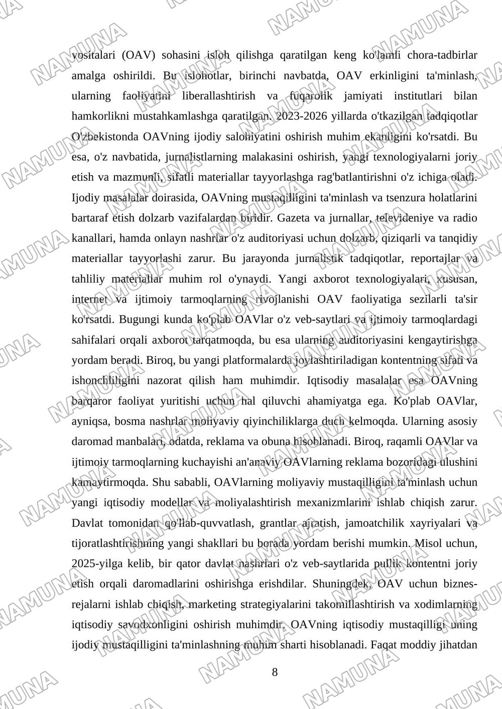 O'zbekiston Respublikasida ommaviy axborot vositalarining faoliyati — referat, 8-varaq