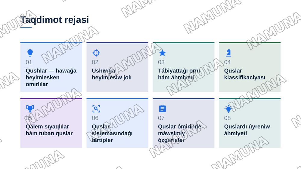 QUSLAR – AVES KLASÍ. QUSLARǴA TÁN ULÍWMAQÁSIYETLER. QUSLAR KLASÍ SISTEMATIKASÍ. — zamonaviy taqdimot, 2-slayd