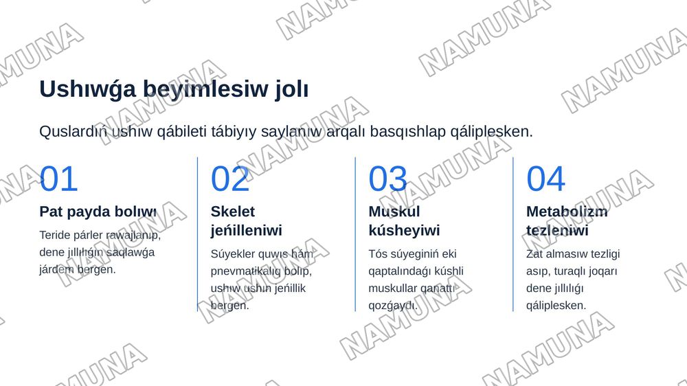 QUSLAR – AVES KLASÍ. QUSLARǴA TÁN ULÍWMAQÁSIYETLER. QUSLAR KLASÍ SISTEMATIKASÍ. — zamonaviy taqdimot, 5-slayd