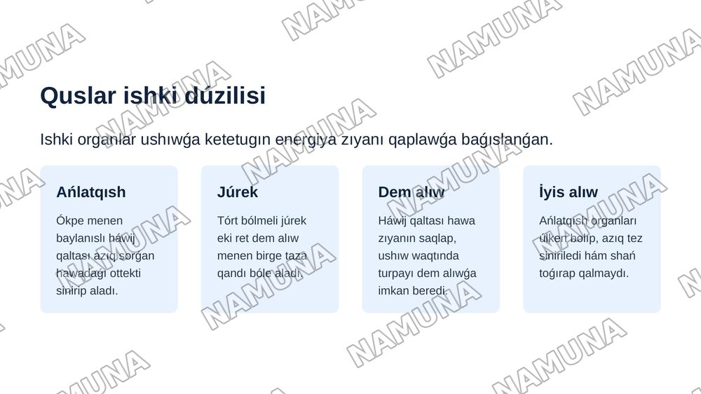 QUSLAR – AVES KLASÍ. QUSLARǴA TÁN ULÍWMAQÁSIYETLER. QUSLAR KLASÍ SISTEMATIKASÍ. — zamonaviy taqdimot, 6-slayd