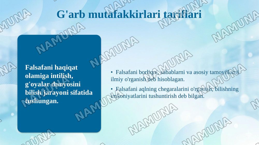 Falsafaning mohiyatiga oid sharq va g'arb mutafakkirlari tariflarini tasniflash — taqdimot, 7-slayd