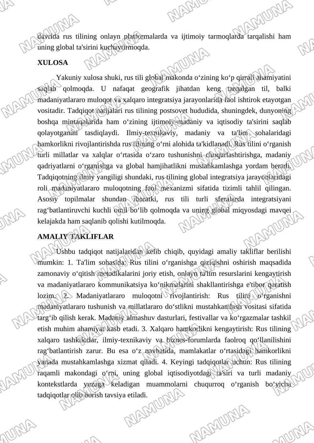 “RUS TILI GLOBAL MAKONDA: MADANIYATLARARO MULOQOT VA INTEGRATSIYA” — maqola, 4-varaq