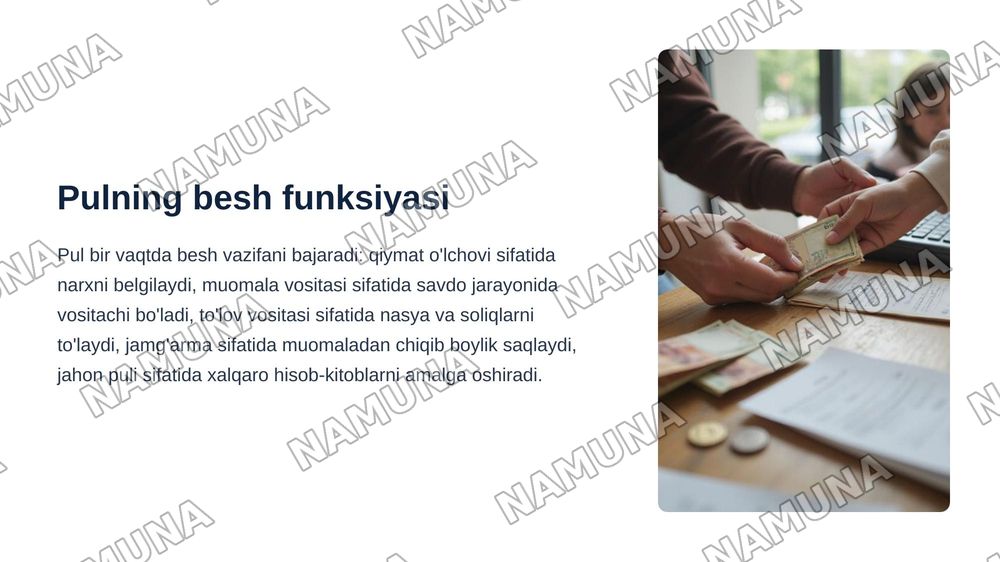 TOVAR VA PUL MUNUSABATLARI — zamonaviy taqdimot, 5-slayd