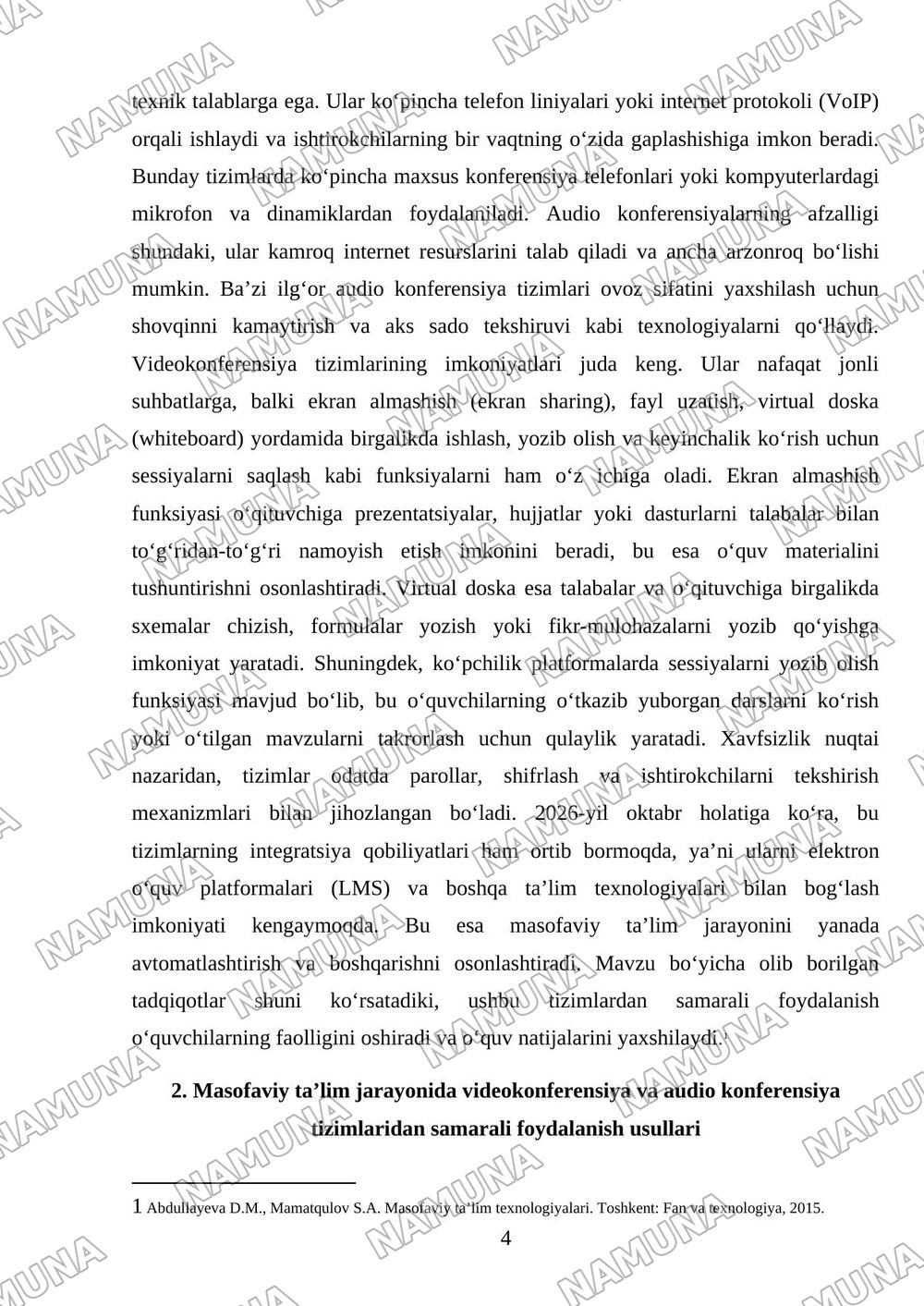 Masofaviy ta’limda Videokonferensiya va audio konferensiya tizimlari va ulardan foydalanish. — mustaqil ish, 4-varaq