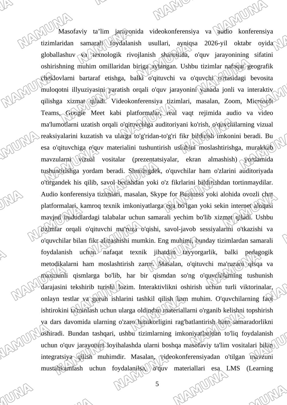 Masofaviy ta’limda Videokonferensiya va audio konferensiya tizimlari va ulardan foydalanish. — mustaqil ish, 5-varaq