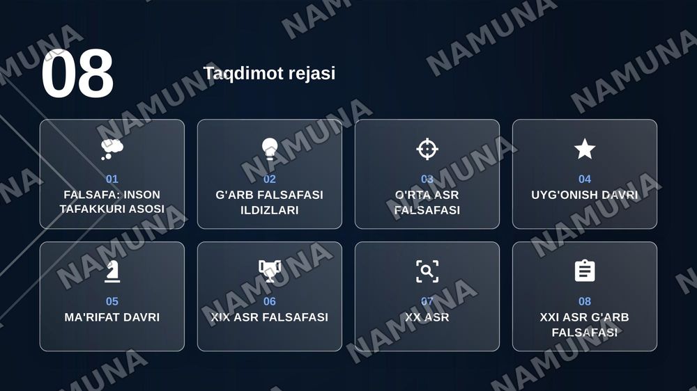 FALSAFIY TAFAKKUR
TARAQQIYOT BOSQICHLARI
G'ARB FALSAFASI — zamonaviy taqdimot, 2-slayd