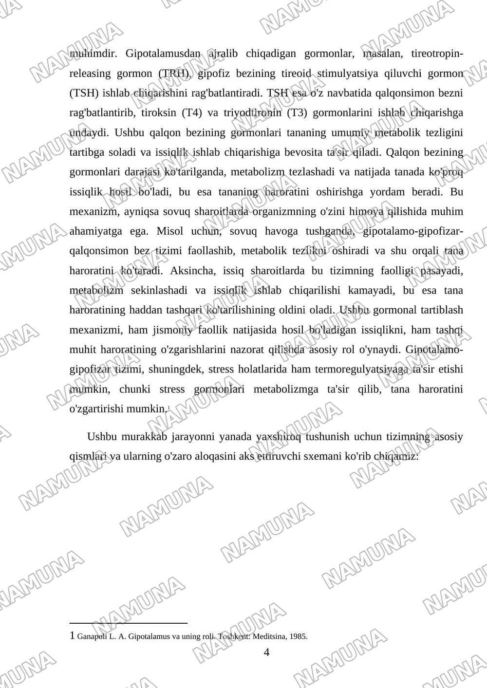 Termoregulyatsiya Endokrin bezlar fiziologiyasi Gipotalamo gipofizar tizim — mustaqil ish, 4-varaq