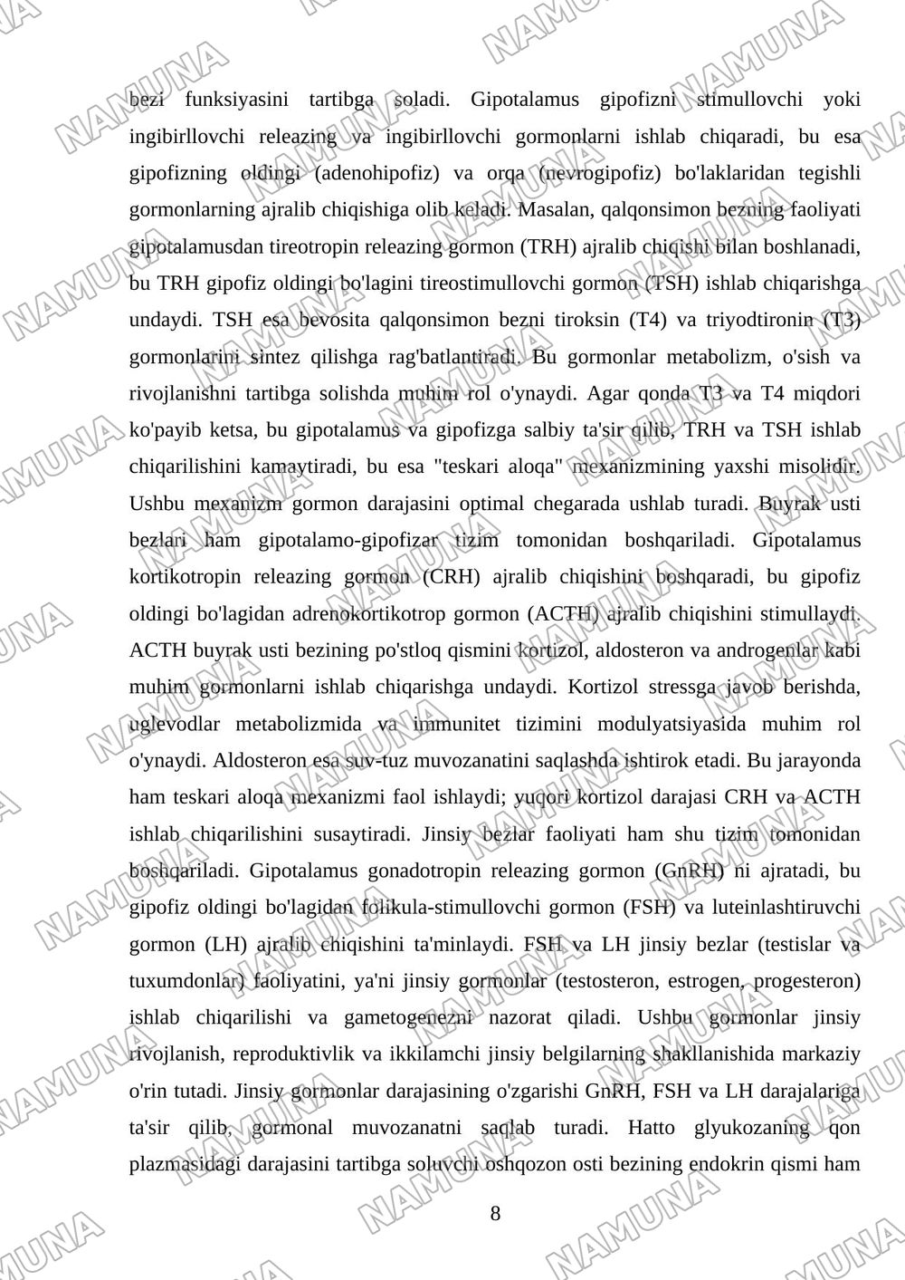 Termoregulyatsiya Endokrin bezlar fiziologiyasi Gipotalamo gipofizar tizim — mustaqil ish, 8-varaq