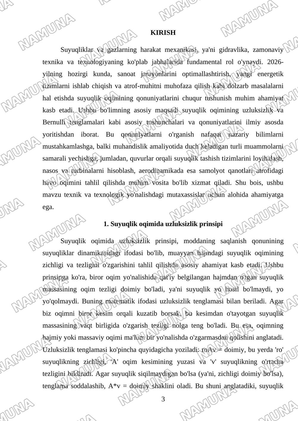 Suyuqlik oqimi. Uzluksizlik tenglamasi. Bernulli tenglamasi — referat, 3-varaq