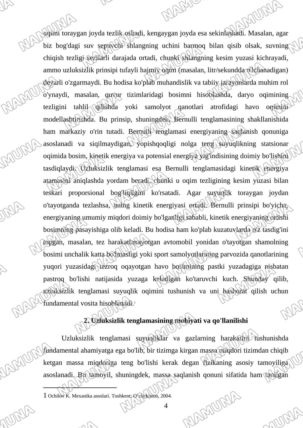 Suyuqlik oqimi. Uzluksizlik tenglamasi. Bernulli tenglamasi — referat, 4-varaq