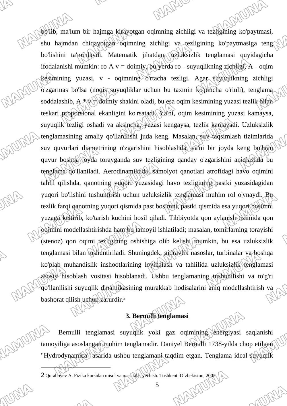 Suyuqlik oqimi. Uzluksizlik tenglamasi. Bernulli tenglamasi — referat, 5-varaq