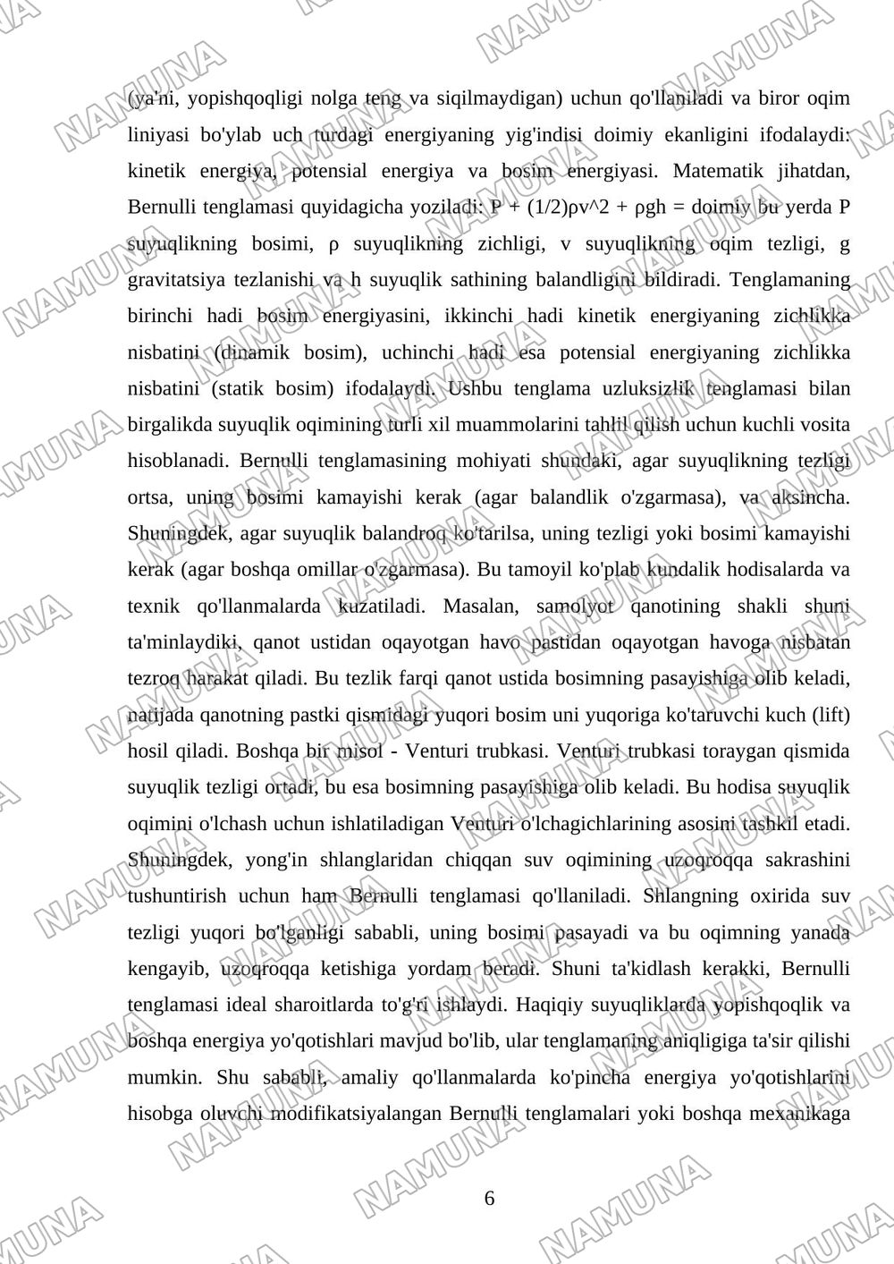 Suyuqlik oqimi. Uzluksizlik tenglamasi. Bernulli tenglamasi — referat, 6-varaq