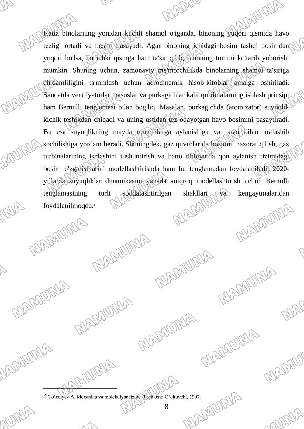 Suyuqlik oqimi. Uzluksizlik tenglamasi. Bernulli tenglamasi — referat, 8-varaq